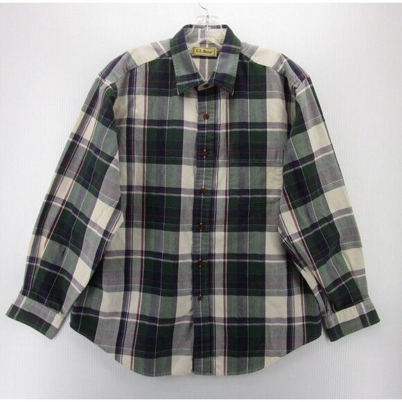 VINTAGE LL Bean Shirt XL White Twill Button Up Plaid Pocket 90s Preppy - Picture 1 of 10